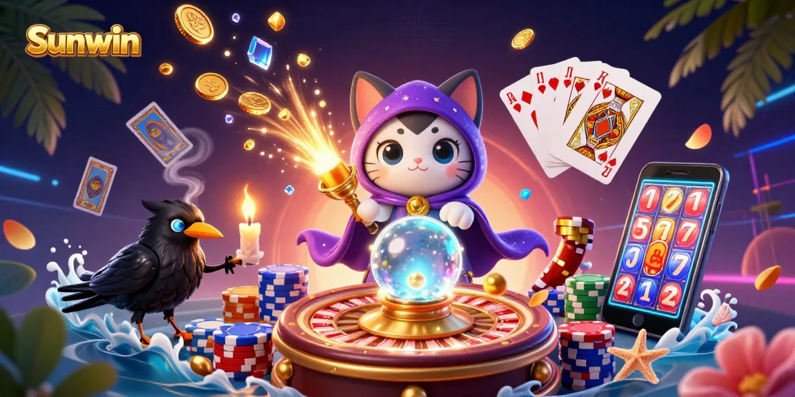 Experience the vibrant thrills of Sunwin with an engaging 3D casino illustration featuring a fortune teller, raven, and mystical elements.