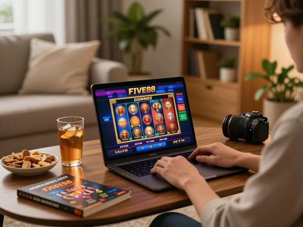 Person engaging with five88 online gaming platform on laptop in stylish home office