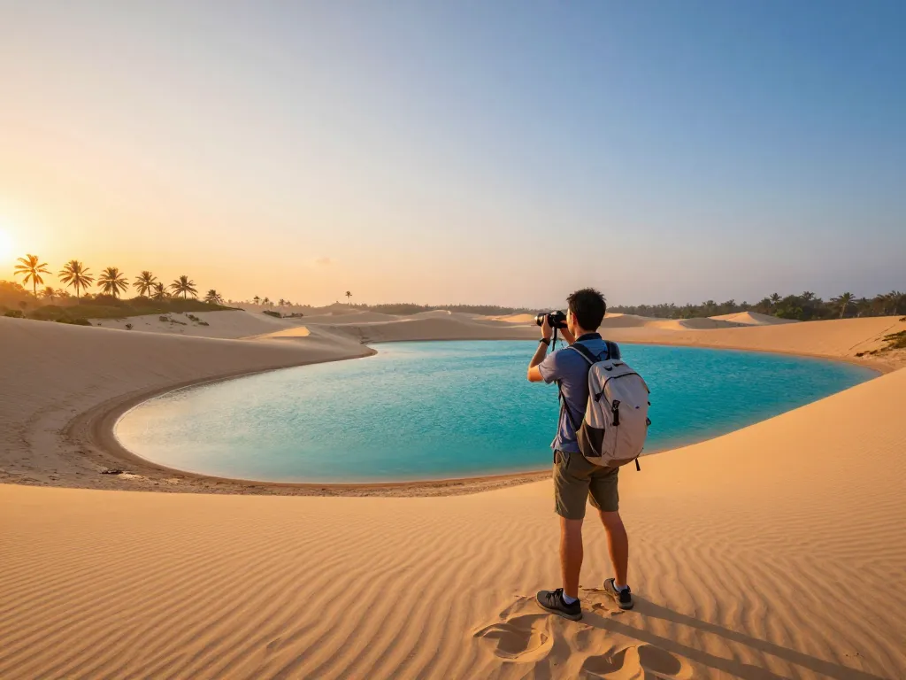 Stunning view of Blue Lake Bintan with a traveler at sunrise, showcasing the unique turquoise waters and sandy dunes.