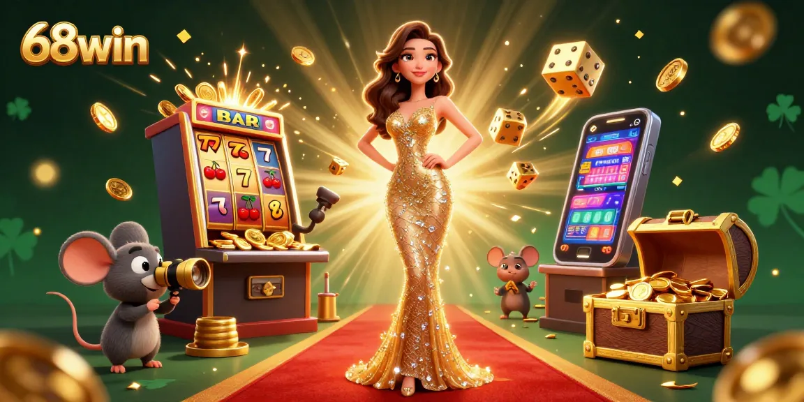 Experience the thrill of 68win with a dazzling scene featuring a glamorous winner and exciting casino elements.