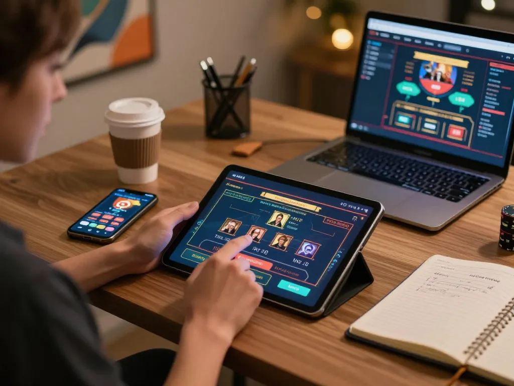 Engaging in an online casino game with cm88 on tablet in cozy, stylish workspace.