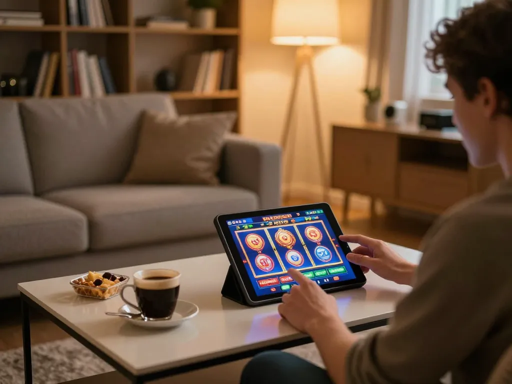 Engaging in online slot games at home with 88xeng, highlighting vibrant graphics and strategy.