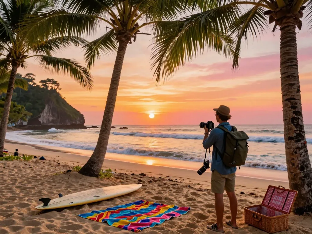 Bali tour experience: traveler capturing memories on a scenic beach at sunset.