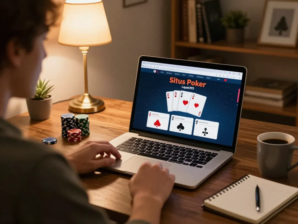 Situs Poker Lapak303 interface displayed on laptop during home gaming session, showcasing strategic online poker play.