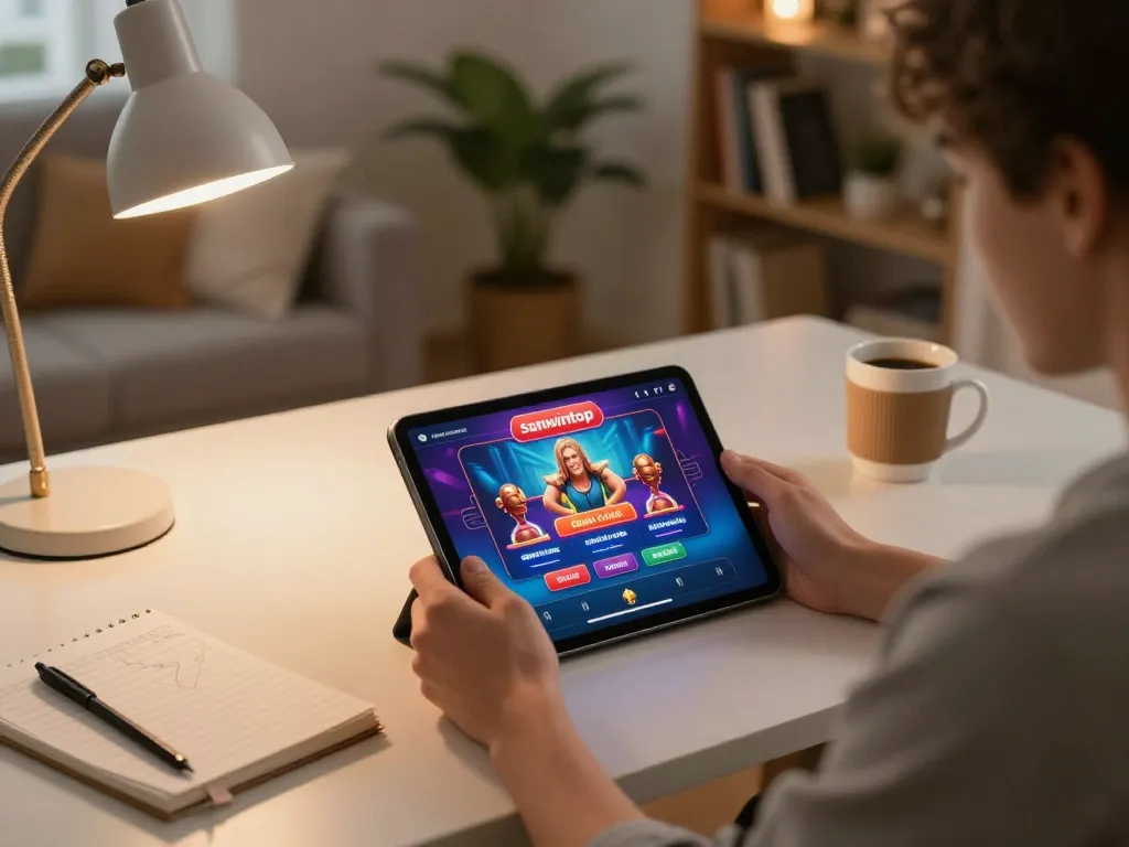 Player exploring the sunwintop app for online casino gaming on a cozy tablet setup with a warm atmosphere.