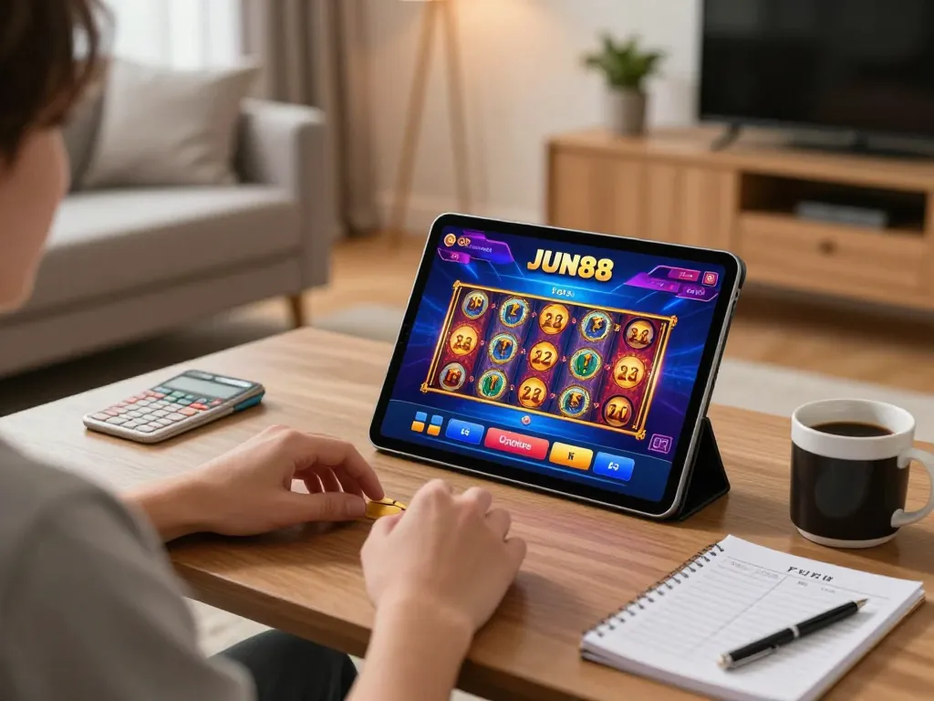 Engaging with the JUN88 gaming app on a tablet in a cozy home setting, showcasing online casino experience.