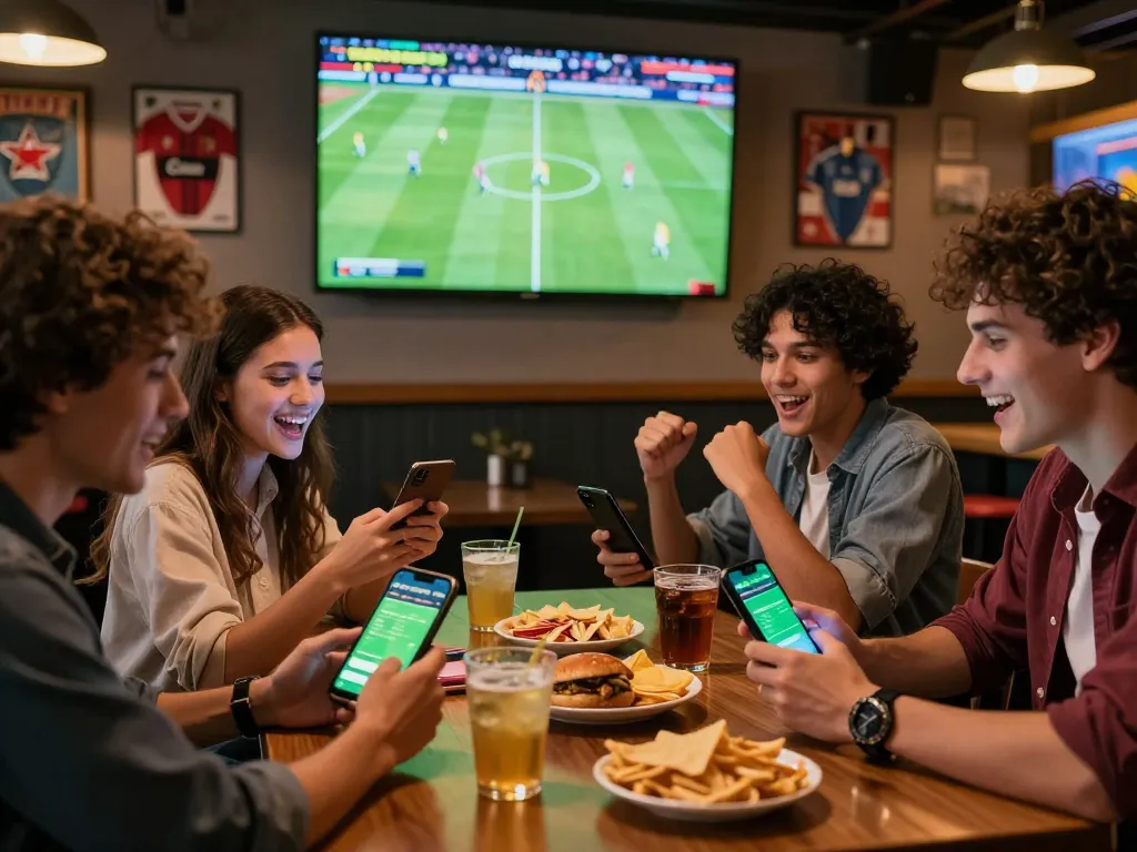 Friends betting on football matches live at https://okfun.onl/ in an energetic sports bar setting.