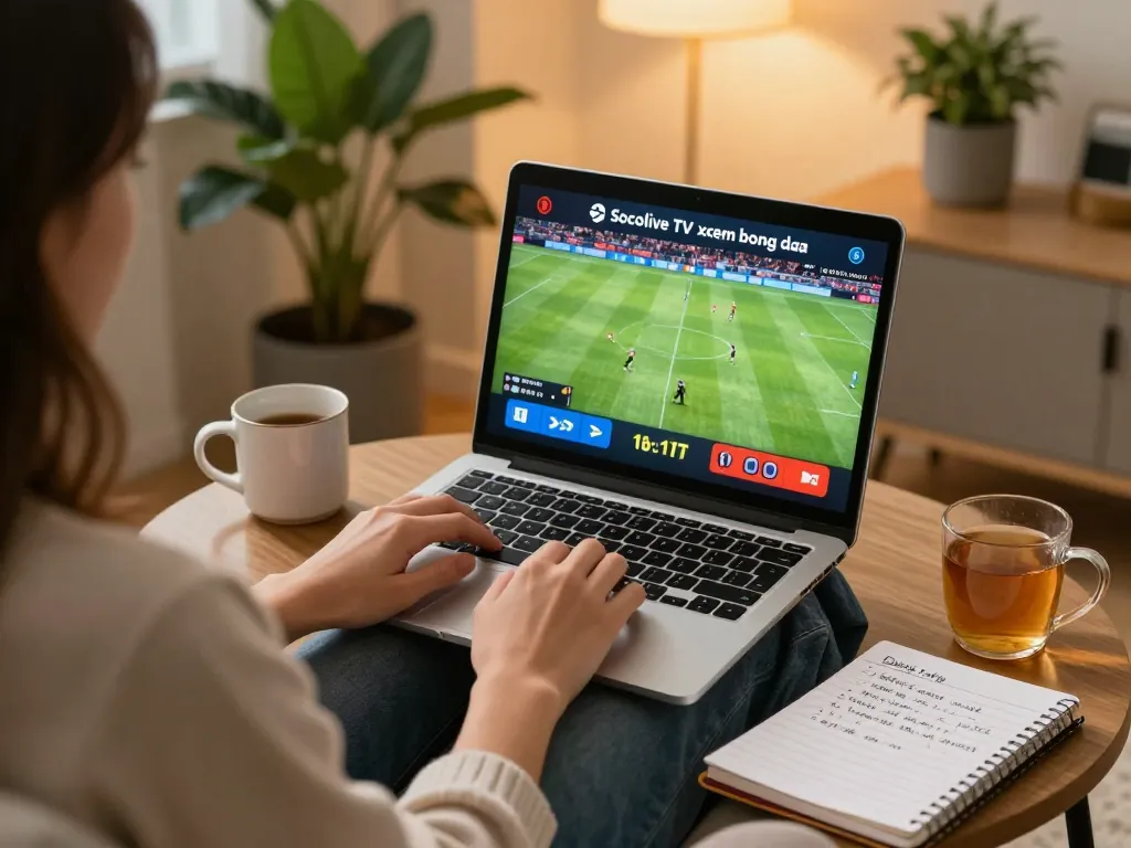 Socolive TV xem bong da while enjoying an online betting session in a cozy home environment.