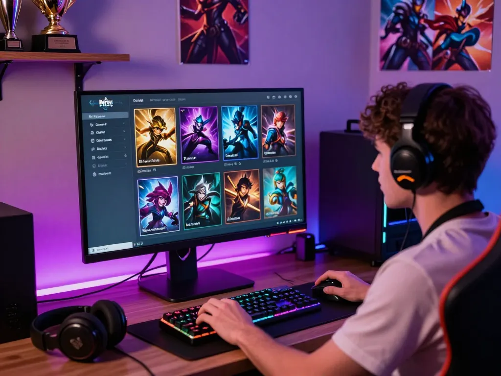 Engaged player exploring the Mythic Shop rotation in League of Legends, showcasing skins and cosmetics on a vibrant gaming monitor.