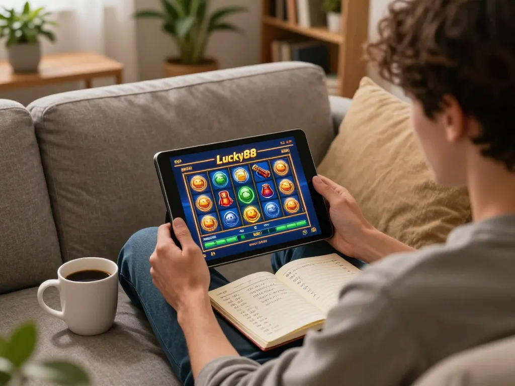 Player enjoying lucky88 slot game on a tablet in a cozy home setting