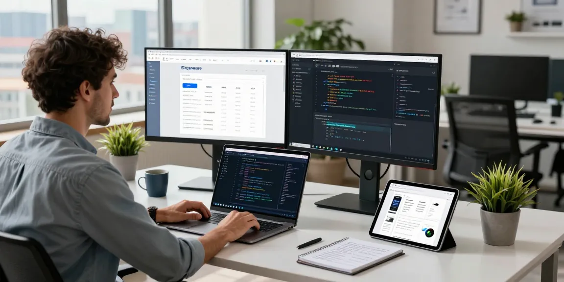 SP Webconsulting develops optimized e-commerce solutions in a modern workspace with coding tools and city views.