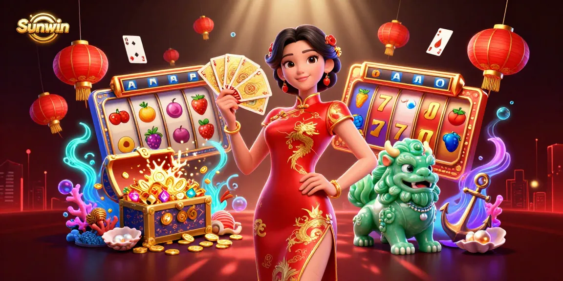Play thrilling slot games at Sunwin with an elegant woman in qipao holding playing cards amidst vibrant casino elements.