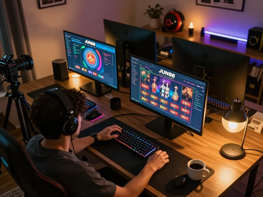 Engaged player exploring JUN88 online casino games on a stylish gaming setup