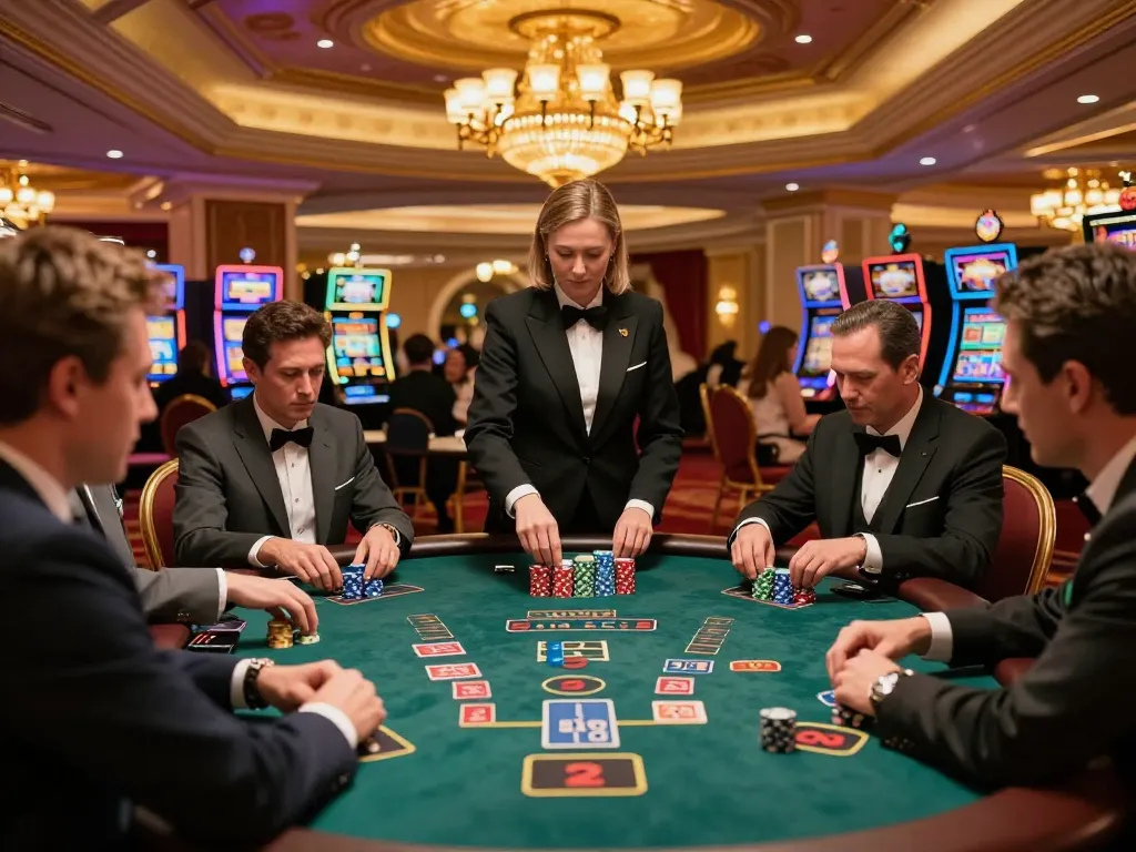 The debet gaming atmosphere at a luxurious Las Vegas blackjack table showcases high-stakes play and an inviting ambiance.
