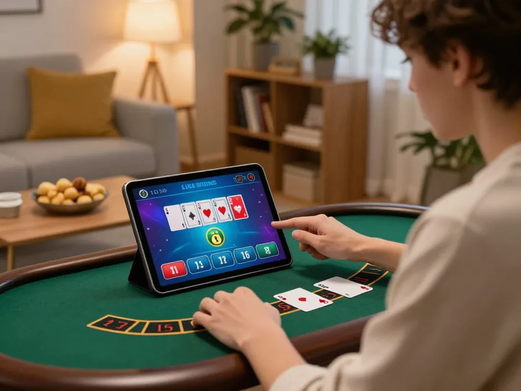 LEMACAU player engaging in live blackjack on tablet, showcasing exciting home gaming experience