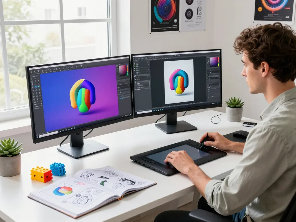 Designer creating Image to 3D models in a bright tech workspace.