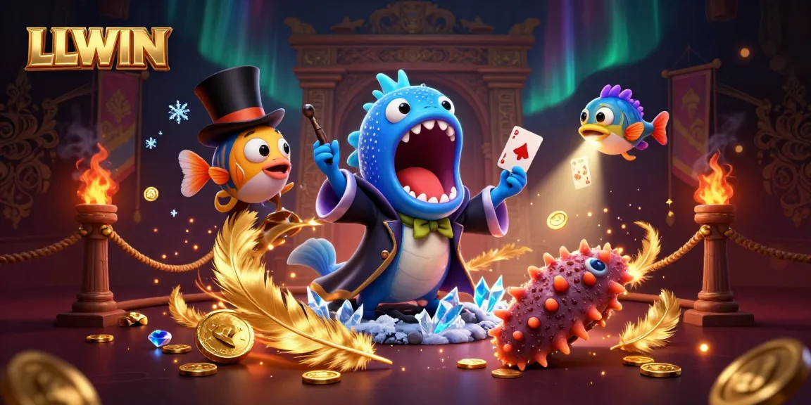 LLWIN showcases a vibrant underwater casino scene with animated characters performing magic tricks, emphasizing excitement.