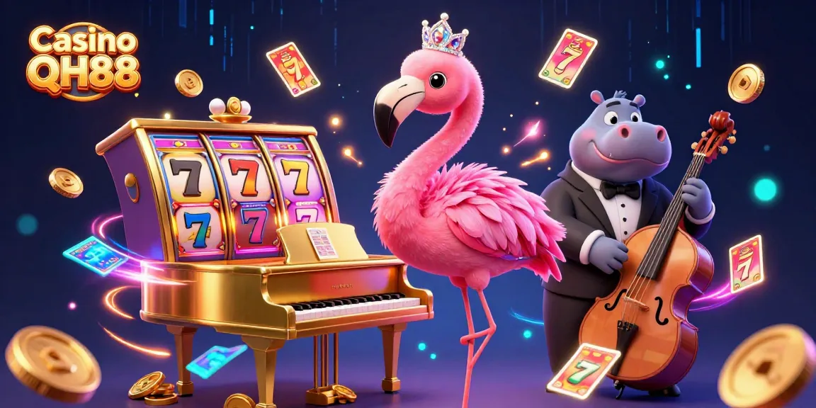 Experience the excitement of Casino QH88 with dynamic scenes of a flamingo singer and hippo bassist.