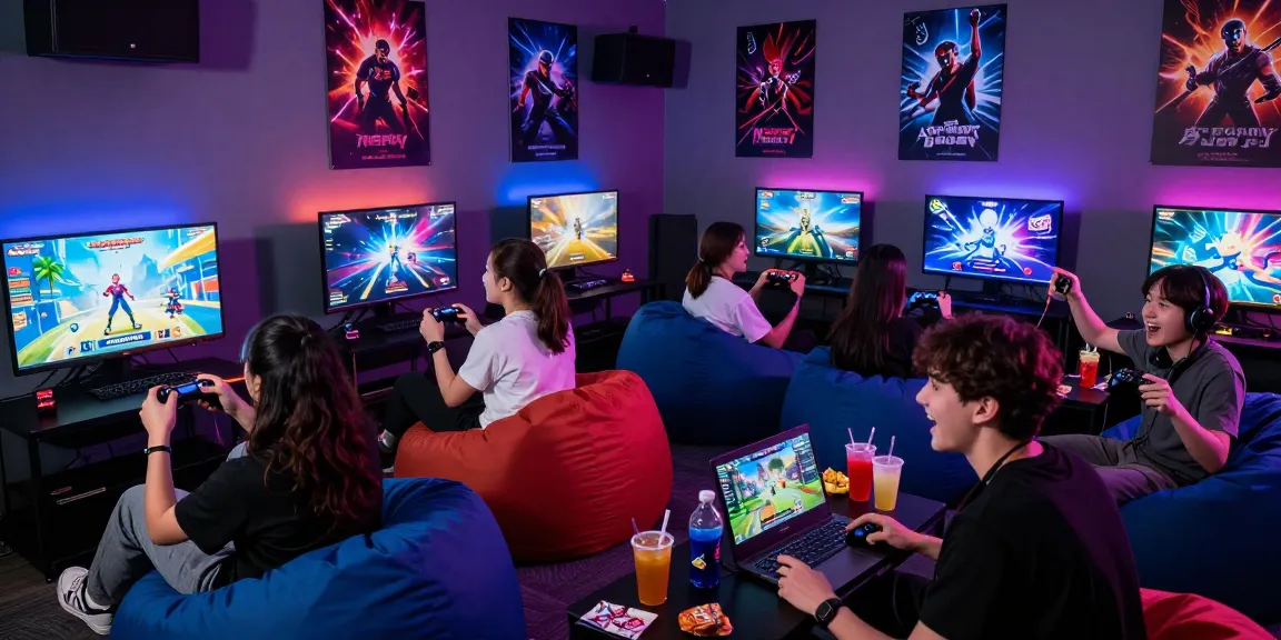 Engaged group playing nsfw games in a vibrant gaming lounge.