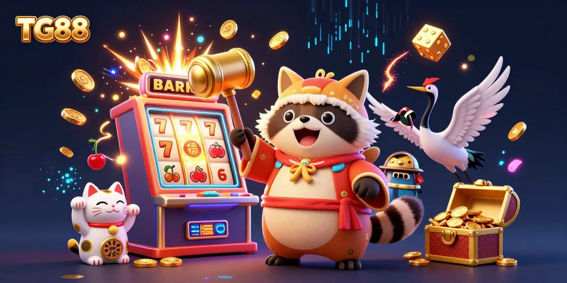 Experience the excitement of TG88 with a joyful tanuki, jackpot symbols, and colorful fortune cats in this vibrant casino-themed scene.
