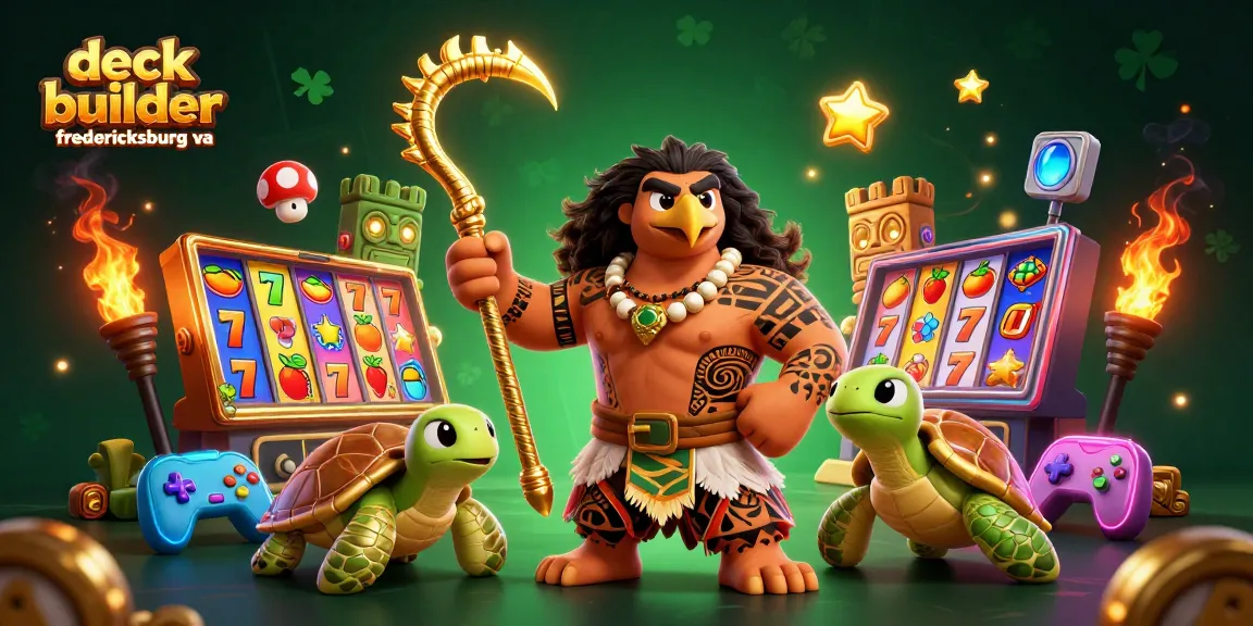 Engage with deck builder Fredericksburg VA in an exciting casino-themed scene filled with vibrant slot machines.
