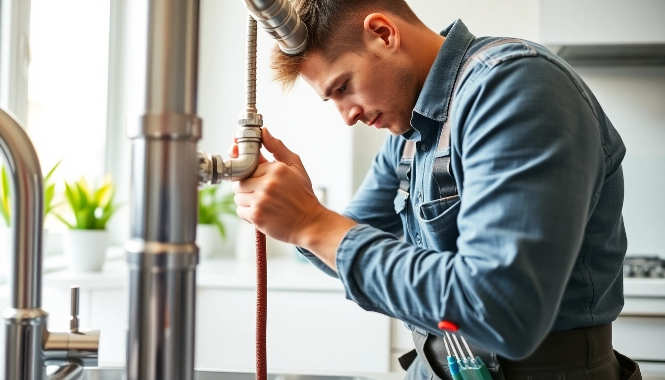 Find a competent plumber near me solving plumbing issues in a modern kitchen.