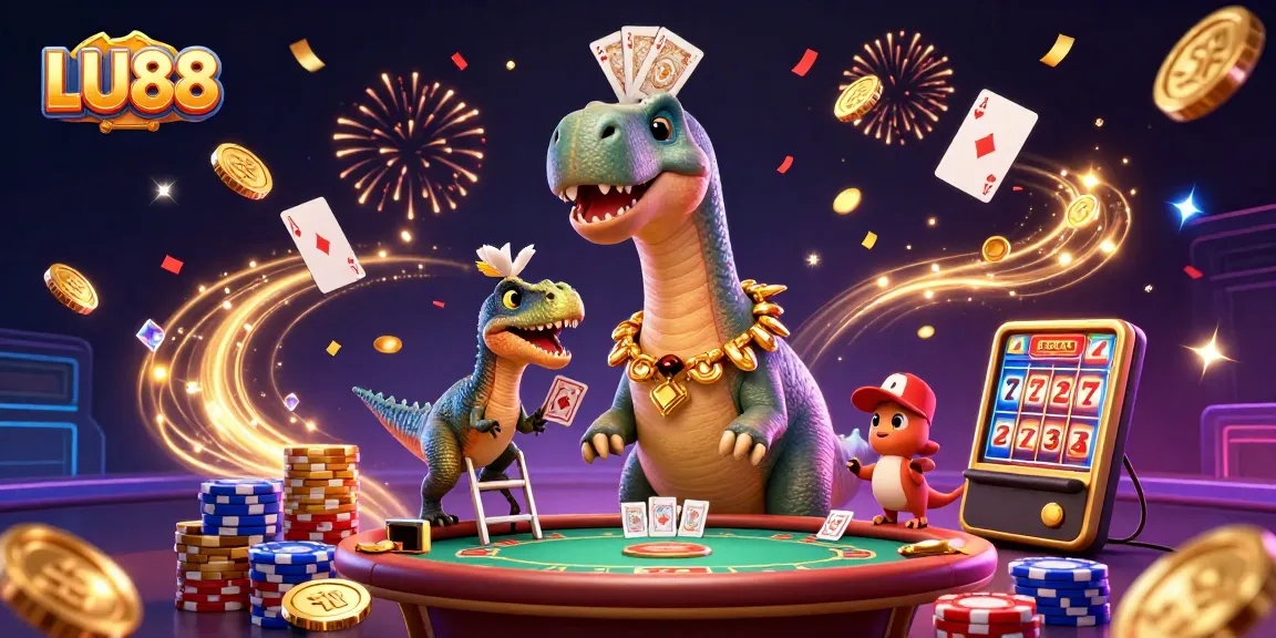 Win big at LU88 with a vibrant casino scene featuring an engaging brontosaurus and exciting games.