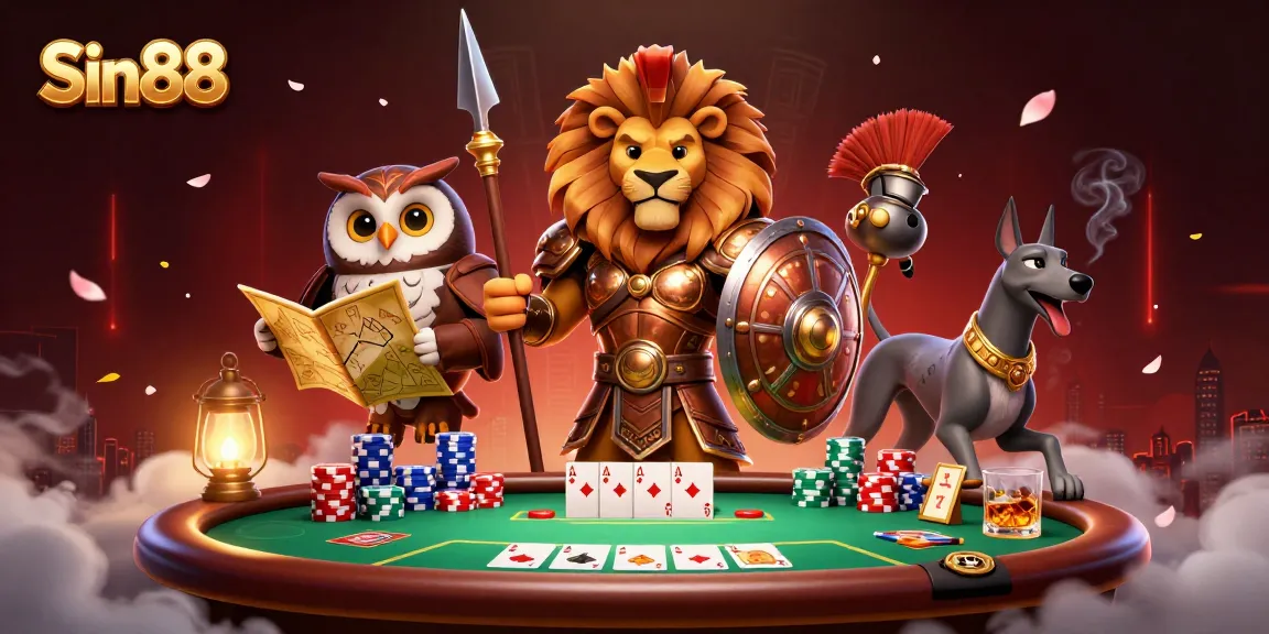 Engaging scene showcasing Sin88 with a Spartan lion, tactical owl, and greyhound, surrounded by vibrant casino elements.