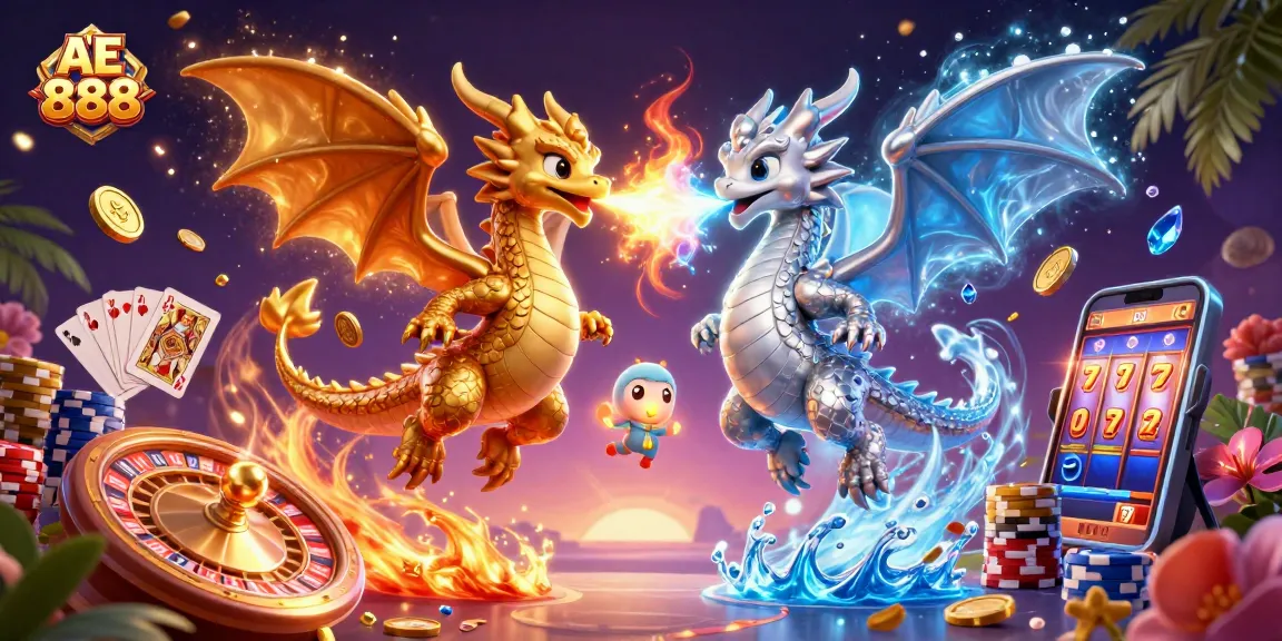 Experience the excitement of AE 888 with dynamic dragons and casino elements in a breathtaking scene.