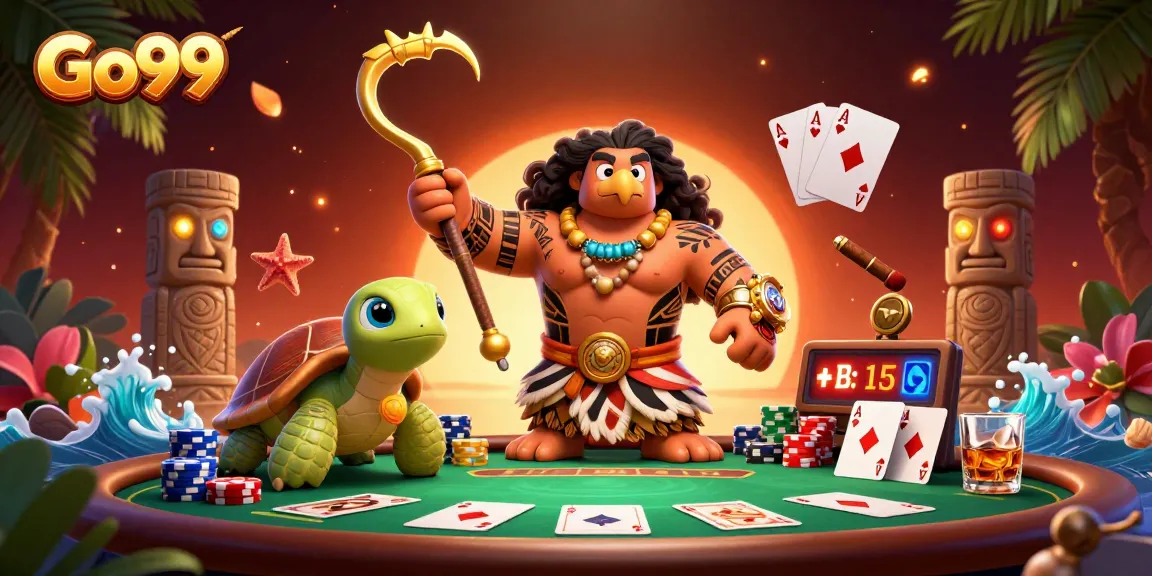 Go99 showcases a vibrant poker scene with a Maui-style demigod and turtle in an ultra-detailed 3D illustration.