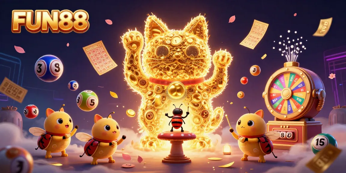 Join the FUN88 celebration with a lucky cat and casino symbols in this vibrant illustration.