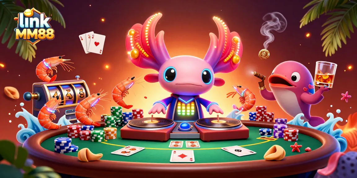 Engage with link MM88 in a vibrant casino scene featuring a DJ axolotl and poker elements.