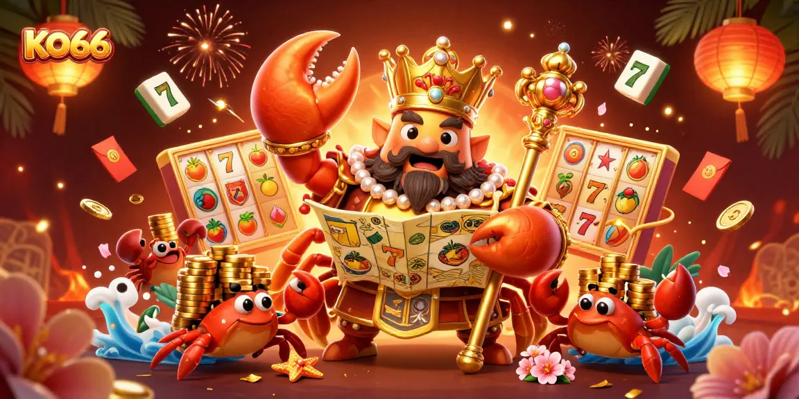 Experience KO66 with a dynamic 3D casino scene featuring a golden crab emperor and slot game elements.