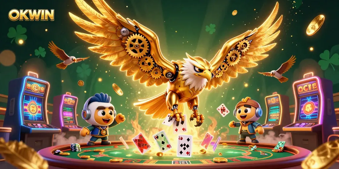 Experience excitement at OKWIN with a dynamic 3D casino scene featuring a golden eagle and game elements.