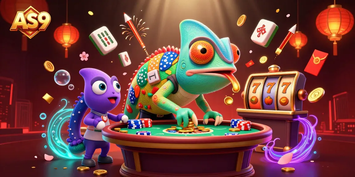 Experience excitement with AS9's colorful chameleon host among vibrant casino elements.