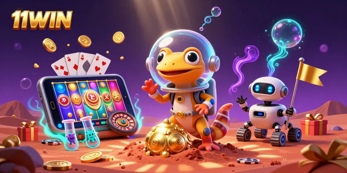 Spin to win with 11WIN's Martian gecko discovering a golden casino adventure!