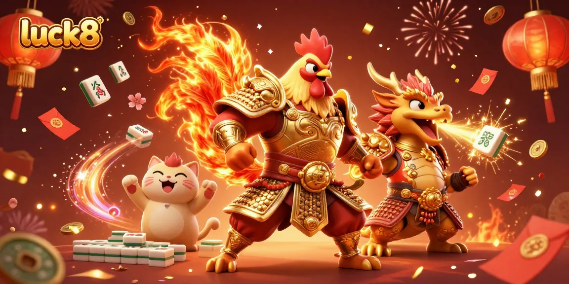 Engage with luck8's vibrant gaming scene featuring dynamic rooster warrior and dragon hatchling.
