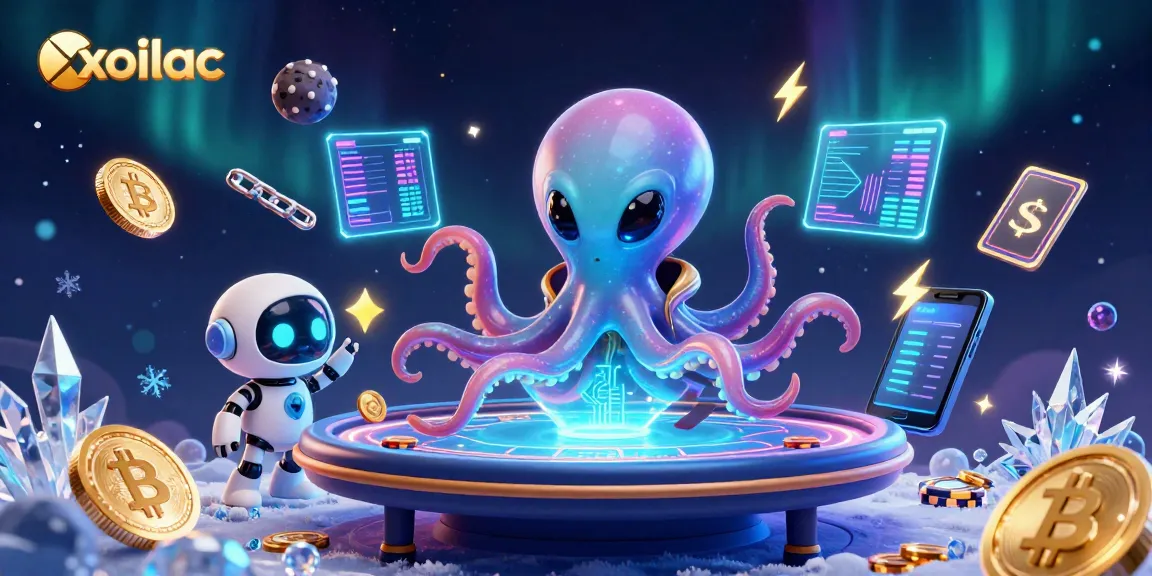 Xoilac brings thrilling online gambling to life with vibrant alien octopus and robot, surrounded by casino elements