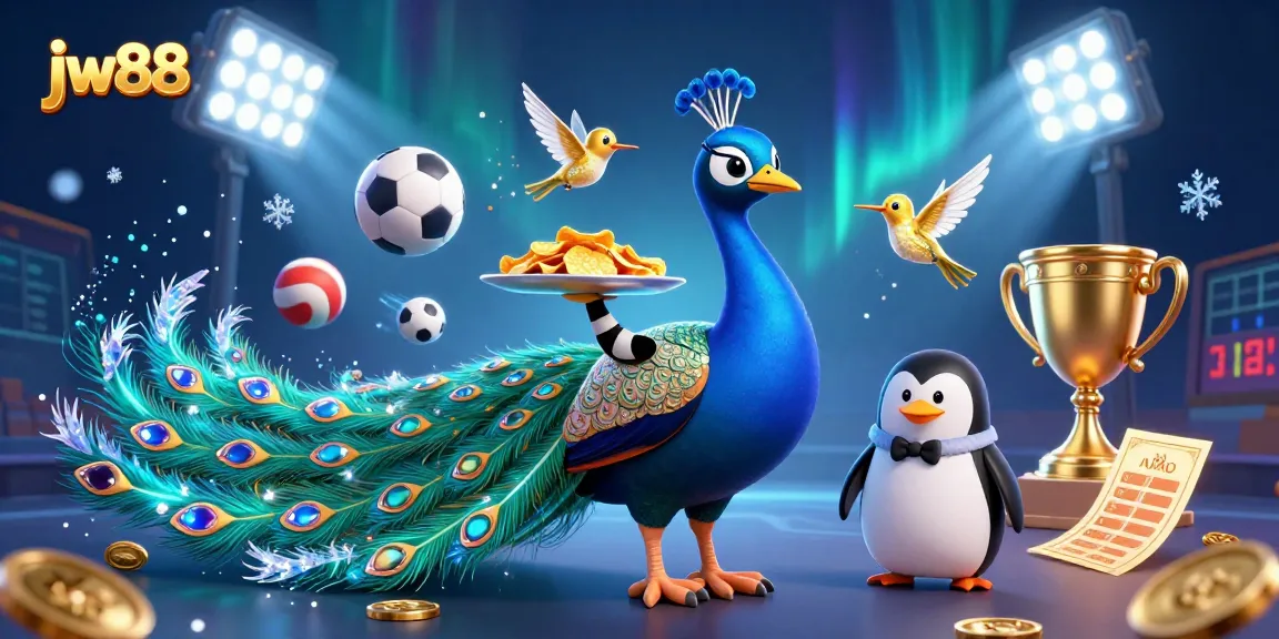 Engage with jw88's vibrant casino scene featuring a majestic peacock and dynamic sports elements.