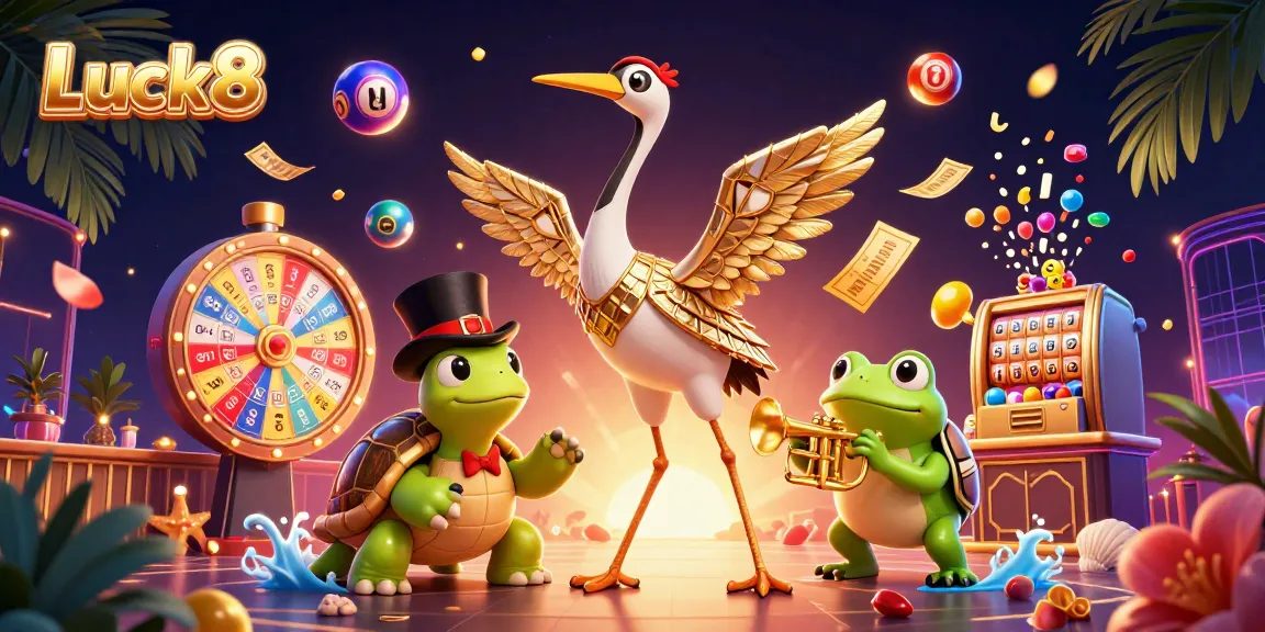 Luck8 casino-themed illustration featuring vibrant cartoon characters and dynamic game elements.