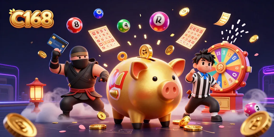 C168 casino promotion featuring an energetic scene with a golden piggy bank, ninja, and samurai, amidst colorful gaming elements.