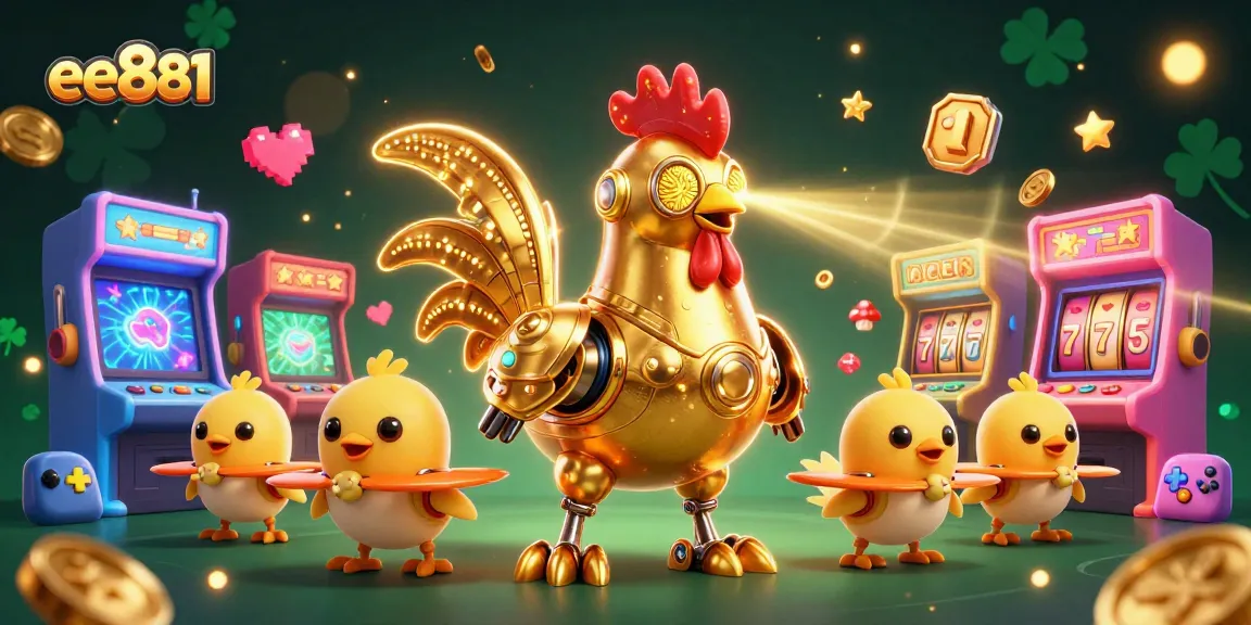 Engage with thrilling 3D casino action at ee881 featuring a golden rooster robot and baby chick drones.