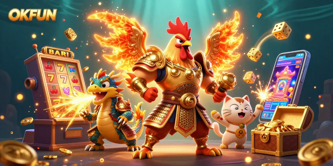 Win big at OKFUN with a vibrant casino illustration showcasing a rooster warrior, dragon hatchling, and casino game elements.