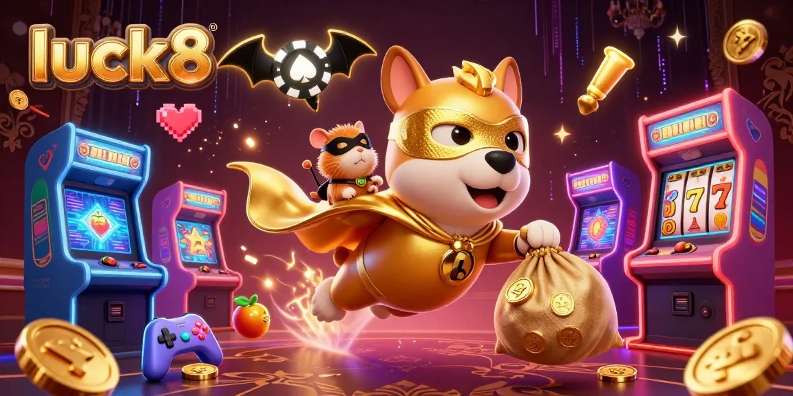 Watch luck8's superhero dog flying with gold coins amidst vibrant casino elements.