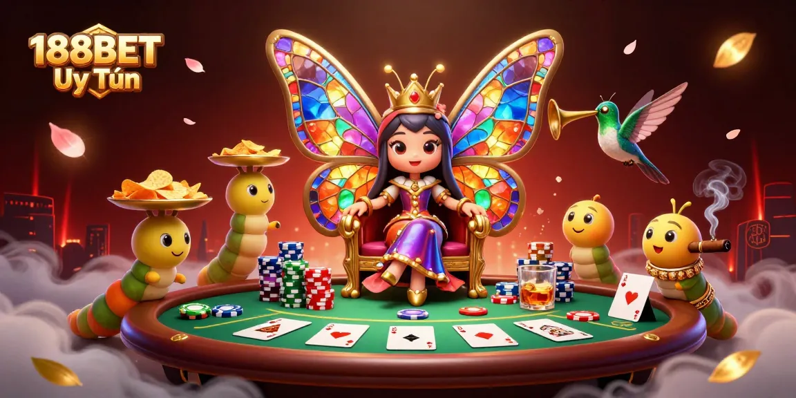 Engage with interactive gambling excitement at 188BET Uy Tín featuring vibrant characters and poker elements.