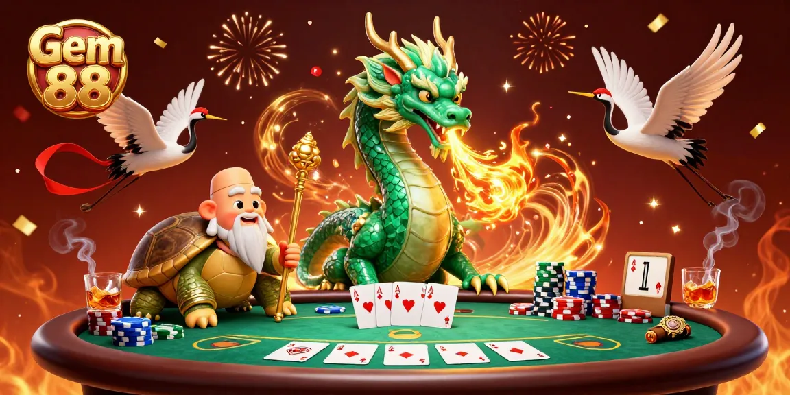 Experience thrilling moments with Gem 88 as the emerald dragon and turtle sage illuminate the casino scene.