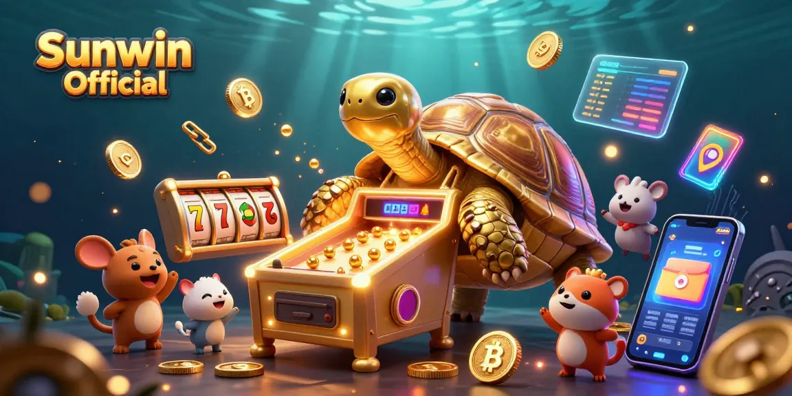 Experience the thrill of Sunwin Official in this vibrant cartoon scene featuring dynamic slot games and crypto elements.