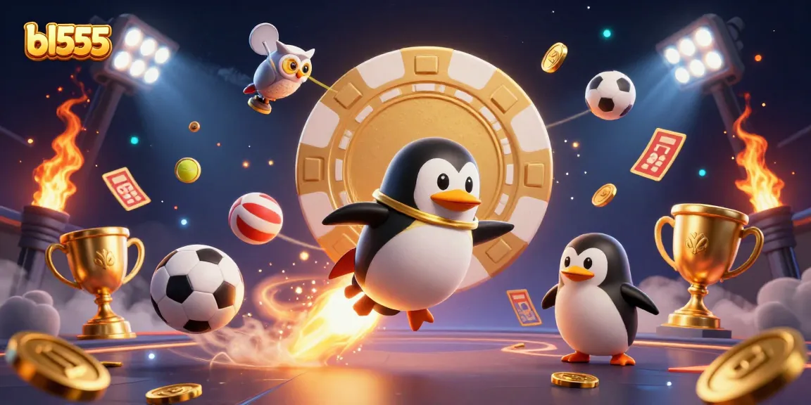 Experience the thrilling bl555 casino atmosphere with a golden penguin soaring amidst coins and sports elements.