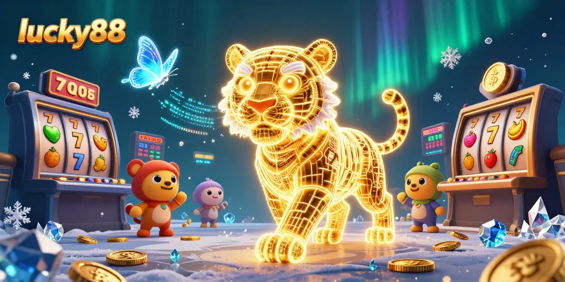 Engage with lucky88's vibrant casino scene featuring a neon tiger and animated slot elements.