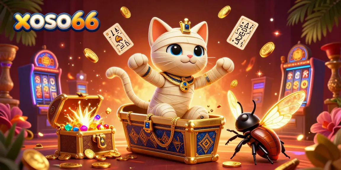 Engage with xoso66's exciting casino world featuring a mummy cat and golden treasures.